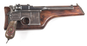 GERMAN RED 9 C96 S/A SERVICE PISTOL: 9mm; 10 shot mag; 140mm (5½") barrel; g. bore; std sights & fittings; Mauser address to breech & rhs of frame; slight wear to profiles with clear markings; grey finish to barrel, frame, grip frame & magazine; g. 26 gro
