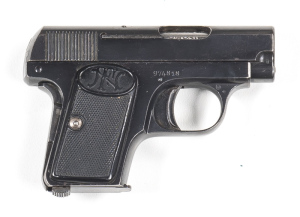 F.N. BROWNING MOD 1906 VEST POCKET S/A PISTOL: 25 ACP; 6 shot mag; 54mm (2 1/8") barrel; g. bore; std sights & fittings; Rampant Colt motif to lhs of frame; F.N. address to lhs of slide; frame fitted with grip safety; sharp profiles; clear address & marki