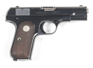 COLT MOD 1903 HAMMERLESS POCKET S/A PISTOL: 32 ACP; 8 shot mag; 92mm (3¾") barrel; vg bore; std sights & fittings; pistol frame fitted with grip safety; COLT address & Patents to lhs of slide, rhs COLT AUTOMATIC CALIBRE 32 RIMLESS SMOKELESS; sharp profile