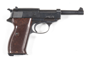 WALTHER MOD H.P. S/A PISTOL: 9mm; 8 shot mag; 127mm (5") barrel; g. bore; std sights & fittings; Walther banner & address to lhs of slide, rhs has Eagle over 359 & Eagle over N & etched s/n 14216; vg profiles, clear address & markings; pistol retains all 