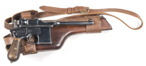 GERMAN C96 S/A SMALL RING SERVICE PISTOL: 7.63 Cal; 10 shot box mag; 140mm (5½") barrel; g. bore; with slight wear; std sights & fittings; Mauser address to breech & rhs of frame; 5 over 19 stamped to grip frame; g. profiles & clear markings; 95% period r