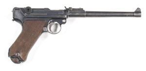 GERMAN D.W.M. P.08 WWI ARTILLERY LUGER S/A SERVICE PISTOL: 9mm; 8 shot mag; 203mm (8") barrel; g. bore; std sights, 1917 date to the breech & DWM to toggle; g. profiles & clear markings; 80% original blue finish remains; vg chequered walnut grips; gwo & v