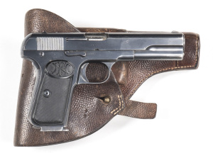 F.N. BROWNING MODEL 1903 S/A SERVICE PISTOL: 9mm Kurz; 7 shot mag; 127mm (5") barrel; vg bore; std sights; FN address to lhs of slide, Swedish Royal cypher & H.C. & C.J. to rear of frame; sharp profiles & clear markings; 95% original military finish remai