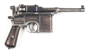 BROOMHANDLE MAUSER C 96 BOLO S/A PISTOL: 7.63x25; 10 shot mag; 98mm (3 7/8") barrel; p. bore; std sights; Mauser address to the breech & rhs of frame; wear to profiles & clear markings; patchy grey finish to all metal parts with faint blue in protected ar