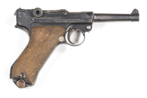 ERFURT WWI P.08 S/A SERVICE PISTOL: 9mm; 8 shot mag; 102mm (4") barrel; f to g bore; std sights; 1917 date to the breech; Imperial crown & ERFURT to toggle; R.J.B. 11.4K Regimental marks to grip frame; slight wear to profiles; clear markings; 75% original