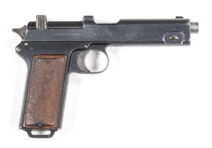 CHILEAN CONTRACT STEYR HAHN MODEL 1911 S/A SERVICE PISTOL: 9mm Steyr; 8 shot mag; 130mm (5 1/8") barrel; vg bore; std sights; Chilean crest STEYR 1912 MOD.1911 to lhs of slide; rhs EJERCITO DE CHILE; vg profiles & clear markings; 85% original blue finish 