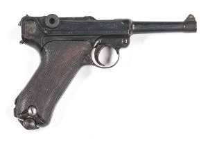 D.W.M. WWI P.08 S/A SERVICE PISTOL: 9mm; 8 shot mag; 102mm (4") barrel; f. bore; std sights; 1915 date to the breech & D.W.M. to the toggle; wear to profiles; clear breech & toggle markings; 80% re-blue/black finish remains with small areas of fine pittin