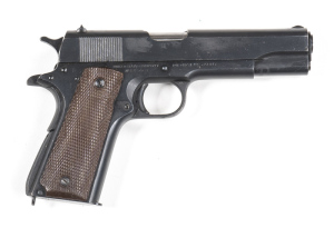 U.S. COLT 1911-A1 S/A SERVICE PISTOL: 45 ACP; 7 shot magazine; 127mm (5") barrel; vg bore; std sights; slide address & Rampant Colt trade mark to lhs of slide; G.H.D. to lhs of frame & P to grip frame; g. profiles & clear markings; 85% re-blacked finish r