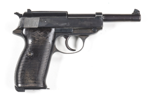 WALTHER P.38 S/A SERVICE PISTOL: 9mm; 8 shot mag; 121mm; (4¾") barrel; g. bore; std sights; P.38 1398 WAFFENAMT acceptance stamps plus Post War East German military stamps to lhs of frame; wear to profiles & markings; 90% period re-blacked finish remains;