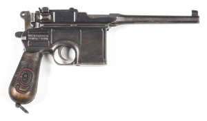 MAUSER C96 RED NINE SMALL RING S/A SERVICE PISTOL: 9mm; 10 shot mag; 140mm (5½") barrel; f to g bore; std sights; Mauser address to the breech & rhs of action; g. profiles; clear address & markings; 70% original blue finish remains with most losses to gri