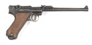 D.W.M. P.08 ARTILLERY LUGER S/A SERVICE PISTOL: 9mm; 8 shot mag; 203mm (8") barrel; f. bore; std sights; 1917 date to the breech & D.W.M. to toggle; slight wear to profiles; clear markings; grey finish to barrel, side plate & receiver; blue/grey to grip f