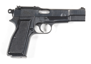 F.N. BROWNING MKI* HI-POWER S/A PISTOL: by INGLIS CANADA: 9mm; 13 shot magazine; 121mm (4¾") barrel; g. bore; std sights with lhs of slide marked BROWNING F.N. 9MM H.P. INGLIS CANADA MKI*; slight wear to profiles, address & markings; 80% period re-blacked