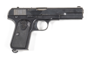 SWEDISH HUSQVARNA BROWNING MODEL 1907 S/A PISTOL: 9mm Browning long Cal; 7 shot mag; 127mm (5") barrel; vg bore; std sights & Husqvarna address to lhs of slide; sharp profiles & clear address; 98% original finish remains; exc chequered hard rubber grips w