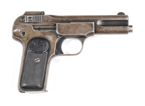 F.N. BROWNING MOD.1900 S/A POCKET PISTOL: 32 ACP; 7 shot mag; 102mm (4") barrel; p. bore; std sights; FN address to lhs slide; BROWNING Patent to lhs of frame; slight wear to profiles; clear address & markings; plum finish to all metal; g. FN hard rubber 