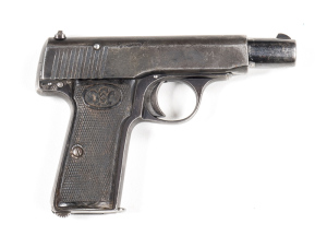 WALTHER MODEL 4 S/A POCKET PISTOL: 7.65 Cal; 8 shot mag; 89mm (3½") barrel; g. bore; std sights; Walther banner Patent & CAL markings to lhs of slide; wear to profiles & markings; blue/grey finish to all metal; g. chequered hard rubber grips; gwo & f to g