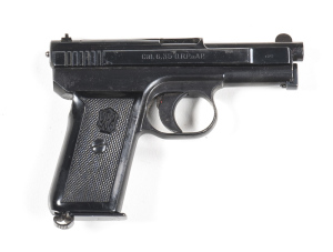 MAUSER MODEL 1910 S/A POCKET PISTOL: 25 ACP; 9 shot mag; 76mm (3") barrel; g. bore; std sights; Mauser address to lhs of slide; rhs CAL 6.35 D.R.O.U.A.P.; g. profiles & clear markings; 95% blue period refinish remains; chequered black plastic grips, chipp