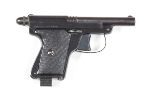 FRENCH SAINT-ETIENNE POLICEMAN S/A POCKET PISTOL: 25 ACP; 7 shot mag; 89mm (3½") barrel; vg bore; std sights & frame markings; sharp profiles & clear markings; 97% original blue finish remaining; vg chequered black plastic grips; gwo & vg+ cond. #210276 P