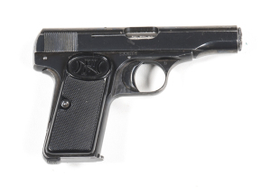 F.N. BROWNING MOD.1910 S/A POCKET PISTOL: 7.65 Cal; 7 shot mag; 86mm (3 3/8") barrel; g. bore; std sights; FN address to lhs of slide; vg profiles; clear address & markings; 95% original blue finish remains; vg FN black plastic chequered grips; gwo & vg+ 