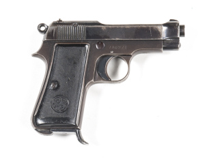 BERETTA MODEL 1935 S/A POCKET PISTOL: 32 ACP: 7 shot mag; 86mm (3 3/8") barrel; g. bore; std sights & address to lhs of slide; slight wear to profiles, clear markings; 70% original blue finish remains, plum to frame & grip frame; g. original Beretta black