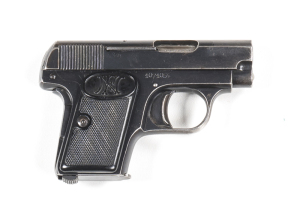 F.N. BROWNING VEST POCKET PISTOL: 25 ACP; 6 shot mag; 54mm (2 1/8") barrel; g. bore; std sights; FN address to lhs of slide, plus Melbourne retailer ALCOCK & PIERCE PTY LTD inscribed to top of slide; vg profiles; clear F.N. address & markings; 95% origina