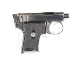 WEBLEY & SCOTT MOD 1907-25 VEST POCKET S/A PISTOL: 6.35 Cal; 8 shot mag; 54mm(2 1/8") barrel; g. bore; std sights, Webley & Scott address & Cal markings to lhs of slide; vg profiles & clear markings; 85% original blue finish remains with most losses to t/