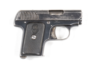 LIEGEOISE DÁRMES VEST POCKET S/A PISTOL: 25 ACP; 7 shot mag; 51mm (2") barrel; g. bore; std sights & address to lhs of slide; g. profiles & clear address; 75% original blue finish remains; g. original chequered hard rubber grips; gwo & cond. #54493 Circa 