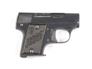 SPANISH YDEAL VEST POCKET S/A PISTOL: 25 ACP; 6 shot mag; 47mm (1 7/8") barrel; g. bore; std sights; AUTOMATIC PISTOL CAL 6.35 YDEAL PATENT 21950 to lhs of slide; proof marks to lhs of frame; g. profiles & clear markings; 80% original blue finish remains;