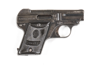 STEYR 1909 PIEPER S/A POCKET PISTOL: 25 ACP; 6 shot mag; 51mm (2") barrel; f. bore; std sights; STEYR address to lhs of frame, rhs has M. PIEPER PATENT; wear to profiles; clear address & markings; blue/plum finish to all metal with small areas of fine pit