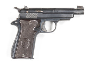 STAR MODEL F. S/A R/F POCKET PISTOL: 22 Cal; 10 shot mag; 98mm (3 7/8") barrel; g. bore; std sight; Star address & Cal markings to lhs of slide; g. profiles & clear markings; 75% original blacked finish remains with minor marks; vg Star brown chequered pl