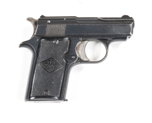 STAR MOD CO S/A POCKET PISTOL: 25 ACP; 8 shot mag; 60mm (2 3/8") barrel; g. bore; std sights to lhs of slide; sharp profiles, clear address & markings; 98% original blue finish remains; vg Star chequered hard rubber grips; gwo & vg cond. #352444 Circa 193