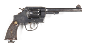 SMITH & WESSON MOD.1917 BRITISH ISSUE REVOLVER: 455 Cal; with British Acceptance stamps; 6 shot cylinder; 165mm (6½") barrel; f to g bore; std sights; barrel address, Cal markings & Acceptance stamps to lhs of frame; S&W Trade mark to rhs; g. profiles & c