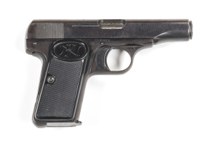 F.N. BROWNING MOD.1910 S/A POCKET PISTOL: 7.65 Cal; 7 shot mag; 86mm (3 3/8") barrel; g. bore; std sight & FN address to lhs of slide; g. profiles; clear address & markings; blue/plum finish to all metal; vg chequered FN grips with grip safety; gwo & f to