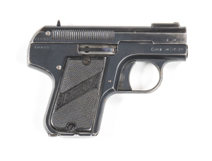 BAYARD MOD 1908 S/A POCKET PISTOL: 7.65 Cal; 6 shot mag; 51mm (2") barrel; g. bore; std sights; Cal markings to lhs of slide; address to lhs of frame; vg profiles, clear address & markings; 90% original blue finish remains with most losses to leading edge