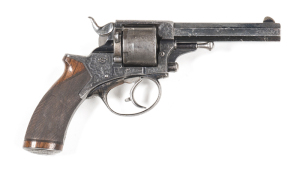 ENGRAVED C/F TRANTER MOD.1868 REVOLVER: 450 Cal; 5 shot cyl with a section of foliate panels to each cyl; 114mm (4½") oct barrel with acanthus scroll patterns to muzzle & breech; rhs barrel flat marked with á3 over 232, indicating being used for Home Defe