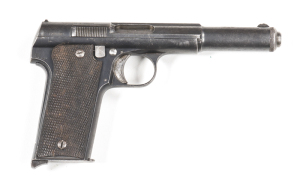 ASTRA MODEL 1921 S/A HOLSTER PISTOL: 9mm Bayard; 8 shot mag; 149mm (5 7/8") barrel; g. bore; std sights, Company Trade motif, address & Cal markings to top of slide; g. profiles & clear markings; 75% thinning blue finish remains to slide, t/guard, grip fr