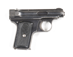 SAUER MODEL W.T.M. S/A POCKET PISTOL: 6.35 Cal; 7 shot mag; 63mm (2½") barrel; g. bore; std sights; J.P. SAUER & SOHN SUHL to top barrel flat; vg profiles & clear markings; 75% original blue finish remains with most losses to muzzle & grip frame; vg black