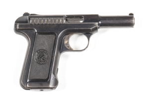 SAVAGE MOD 1907 S/A POCKET PISTOL: 32 ACP; 10 shot mag; 95mm (3 7/8") barrel; g. bore; std sights & Savage address; Patent date to top of slide; SAVAGE to lhs of frame; vg profiles & clear markings; 80% original blue remains; plum to grip frame; case colo