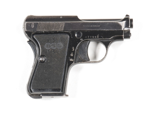 BERETTA MODEL 418 VEST POCKET S/A PISTOL: 25 ACP; 8 shot mag; 60mm (2 3/8") barrel; g. bore; std sights; Beretta address to slide; sharp profiles & clear markings; 98% original blue finish remains; exc Beretta black plastic grips; gwo & vg+ cond. #27754C 