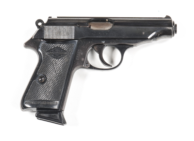 WALTHER MANURHIN PP S/A POCKET PISTOL: 7.65 Cal; 6 shot mag; 98mm (3 7/8") barrel g. bore; std sights, address & markings to lhs of slide; sharp profiles & clear markings; 95% original blue finish remains; vg chequered black plastic Manuhrin grips; gwo &