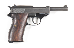 WALTHER P.38 S/A PISTOL: 9mm; 8 shot mag; 127mm (5") barrel; vg bore; std sights; Walther banner & markings to lhs of slide, rhs 7/69; g. profiles & clear markings; grey Factory finish to barrel & slide; vg black finish to alloy frame; vg walnut wrap-arou