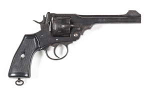 WEBLEY & SCOTT MK VI SERVICE REVOLVER: 455 Cal; 6 shot fluted cylinder; 153mm (6") barrel; f to g bore; std sights; g. clear bore with slight wear; Webley Patents & 1917 date to lhs of frame; wear to profiles & markings; 95% old re-blue finish remains wit