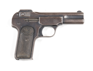 F.N. BROWNING MOD.1900 S/A POCKET PISTOL: 32 ACP; 7 shot mag; 102mm (4") barrel; g. bore; std sight & F.N. address to lhs of slide; Patent markings to lhs of frame; g. profiles, clear address & markings; blue/plum finish to all metal; g. FN chequered hard