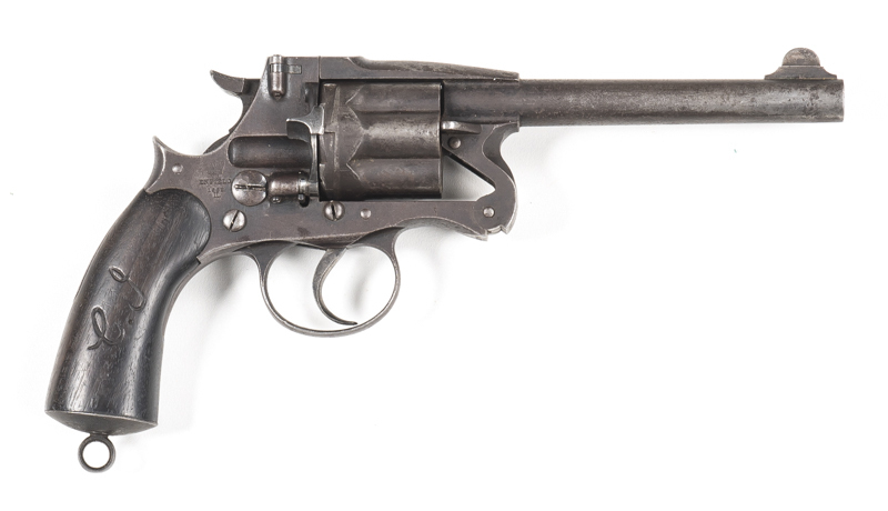 ENFIELD MKII SERVICE REVOLVER: 476 Cal; 6 shot church steeple cylinder; 148mm (5 7/8") barrel; g. bore; std sights; ENFIELD 1882 II to rhs of frame; g. profiles & clear markings; blue/grey finish to all metal; vg plain walnut grips with lanyard ring; NO.3