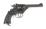 WEBLEY & SCOTT MK IV C/F POCKET REVOLVER: 38 Cal; 6 shot fluted cylinder; 127mm (5") barrel; g. bore; std sights; safety bar to rear of frame; WEBLEY & SCOTT LTD MADE IN ENGLAND to top strap; 70% blue finish remains to barrel, cylinder & frame; grey to t/