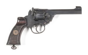 ENFIELD NO.2 MKI* SERVICE REVOLVER: 38 Cal; 6 shot fluted cylinder; 127mm (5") barrel; g. bore; std sights & Cal markings to barrel; rhs of frame marked with ROYAL CYPHER, ENFIELD NO.2 MKI* & dated 1940; vg profiles & clear markings; 90% original blacked 