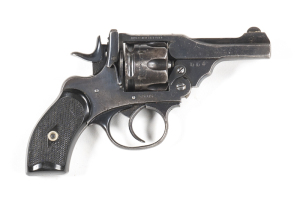 WEBLEY & SCOTT COMMONWEALTH BANK OF AUSTRALIA ISSUE MKIII COMMERCIAL REVOLVER: 380 Cal; 6 shot fluted cylinder; 76mm (3") barrel; g. bore; std sights; WEBLEY & SCOTT BIRMINGHAM to top strap; Bank inscription to lhs of barrel; W&S trade mark to lhs of fram