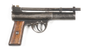 WEBLEY MKI AIR PISTOL: 177 Cal; s/shot; 180mm (7 1/8") barrel; g. bore; std sights; Webley address & markings to lhs of tube; plain frame; g. profiles & clear markings; grey finish to barrel & tube; thin blue to frame & back strap; g. plain walnut grips i