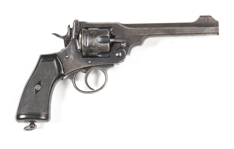 WEBLEY & SCOTT MKVI SERVICE REVOLVER: 455 Cal 6 shot fluted cylinder; 153mm (6") barrel; g. bore; std sights; Webley Patents & 1915 markings to lhs of frame; g. profiles & clear markings; blue/grey finish to barrel, cylinder & frame; grey to grip frame &