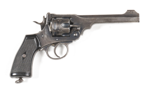 WEBLEY & SCOTT MKVI SERVICE REVOLVER: 455 Cal 6 shot fluted cylinder; 153mm (6") barrel; g. bore; std sights; Webley Patents & 1915 markings to lhs of frame; g. profiles & clear markings; blue/grey finish to barrel, cylinder & frame; grey to grip frame & 