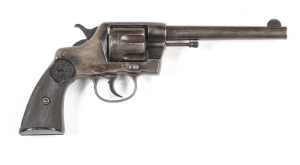 COLT D/A MODEL NEW ARMY & NAVY CIVILIAN MODEL COLT REVOLVER: 38 Cal; 6 shot fluted cylinder; 153mm (6") barrel; f to g bore; std sights; v. faint COLT HARTFORD address to barrel; clear COLT D.A.38 markings; blue/plum finish to barrel, cylinder, t/guard, b